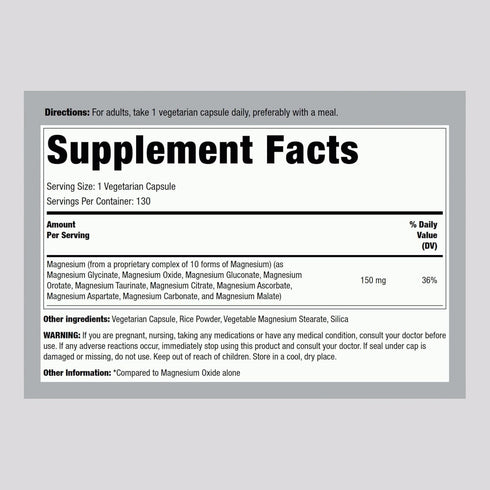 Magnesium 10 in One Complex | 130 Vegetarian Capsules | Non-GMO, Gluten Free Supplement | by WholeMag