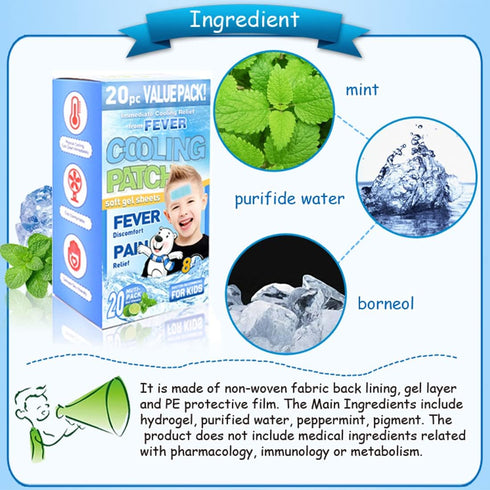 20 Sheets Cooling Patches for Fever Discomfort, Cooling Fever Reducer, Kids Cool Pads Soothe Headache Pain (20 Sheets)