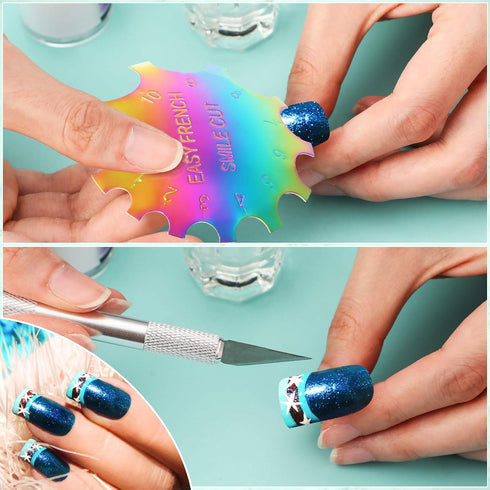Maitys 3 Pieces Stainless Steel French Nail Trimmer Smile Line Cutter with Handles, 5 Spare Blades for Nail (Rainbow