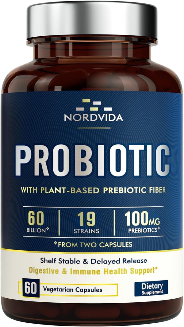 Probiotic 60 Billion CFU, 19 Strains with Organic Prebiotic, 60 Vegan Caps for Digestive & Immune Health