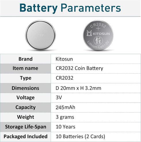 KITOSUN CR2032 3V Lithium Cell - 10Pcs CR 2032 Coin Button Battery Replacement for Apple Airtag, Car Key Fob