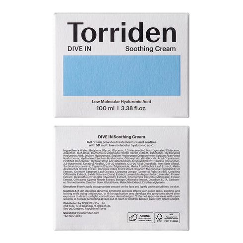 Torriden DIVE IN Hyaluronic Acid Soothing Cream, 100ml Revitalizing Facial Moisturizer for Sensitive Dry Skin