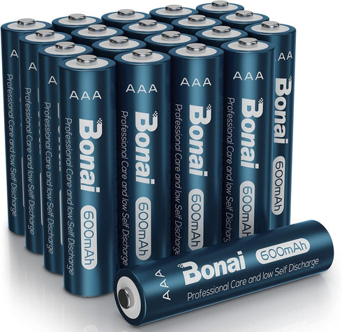 BONAI Solar AAA Rechargeable Batteries, 20 Packs, 1.2V 600mAh NiMH for Solar Garden Lights