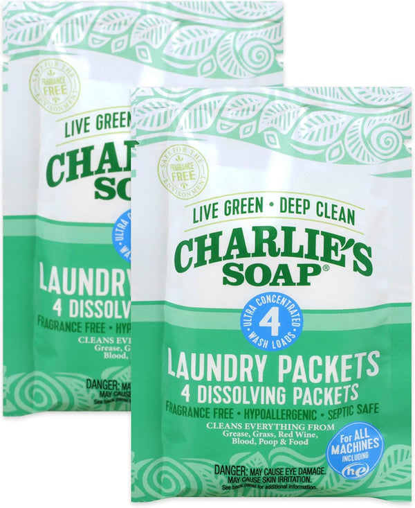 Charlie's Soap - Unscented Laundry Packets - Travel Size (2 Pack, 8