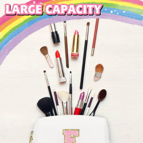 Initial Makeup Bag Personalized Waterproof PU Leather Chenille Letter Cosmetic Bag, Portable Travel Toiletry Bag