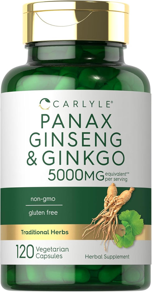 Carlyle Panax Ginseng + Ginkgo Biloba | 120 Vegetarian Capsules | 5,000mg, Non-GMO, Gluten Free