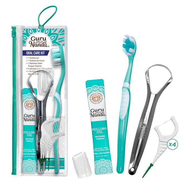 GuruNanda Travel-Friendly Oral Care Kit - 1 Butter on Gums Toothbrush, 1 Tongue Scraper, 4 Floss Picks, 1 Oil Pulling