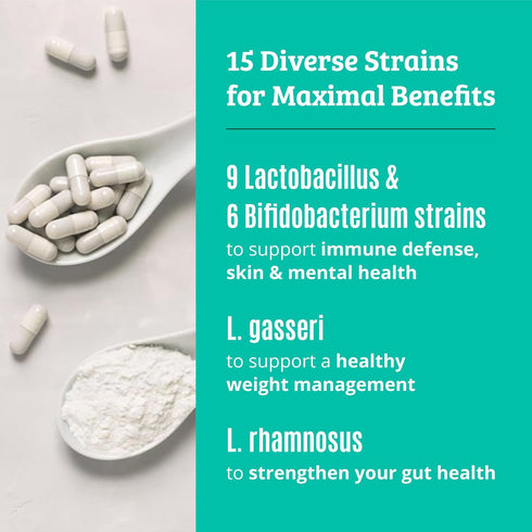 Prebiotics and Probiotics: Lactobacillus Gasseri, Rhamnosus, Plantarum, Casei, Bifidobacterium longum, lactis, infantis