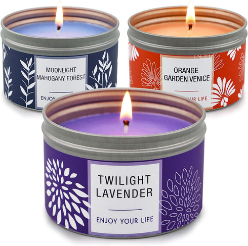 Set 3 Pack 6.2 oz 30-35 Scented Candle Gift for Women, Large Soy Wax Candles in Tins, Each, Hr Burn, Lavender, Orange
