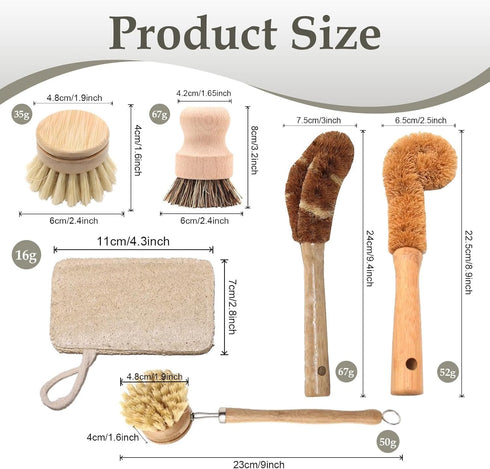 Voittozege 7 Set Piece Wooden Dish Brush Natural, Bamboo Brush Kitchen Dish Cleaning Brush Pot Brush & Bottle Cleaner