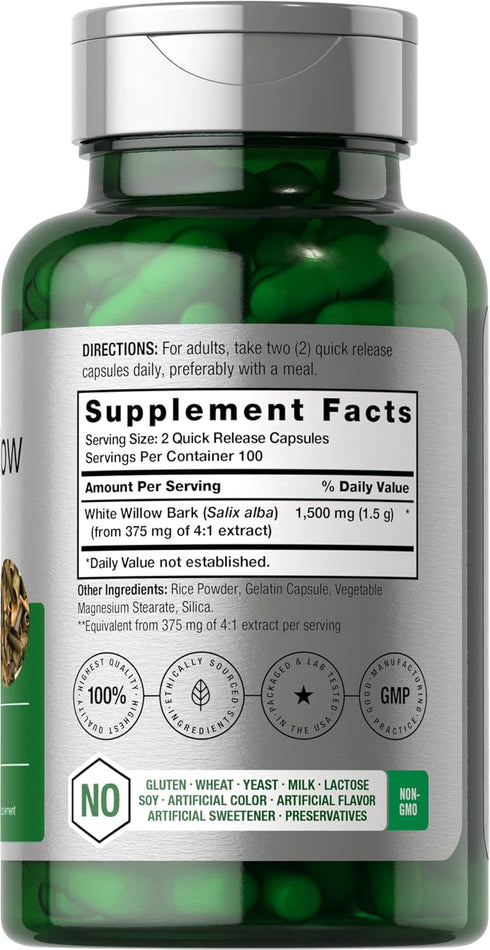 Horbaeach White Willow Bark Capsules | 1500mg | 200 Pills | Max Strength | Non-GMO, Gluten Free Herb Extract