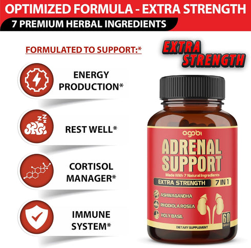 agobi 7in1 Adrenal Support Supplement - Concentrated Ashwagandha, Panax Ginseng, Rhodiola Rosea & More, 60 Capsules for
