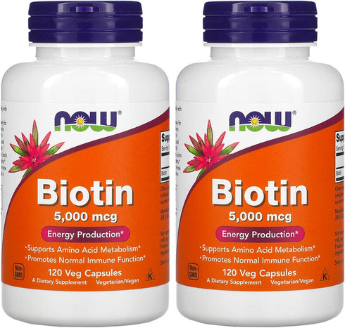 NOW Biotin 5,000 mcg, 120 VCaps, Pack of 2 Bottles