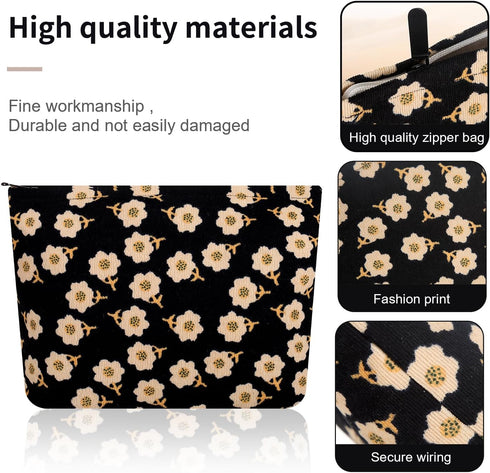 Preppy Cute Corduroy Makeup Bag, Cosmetic Bag for Women Travel Essentials (Flower Black)