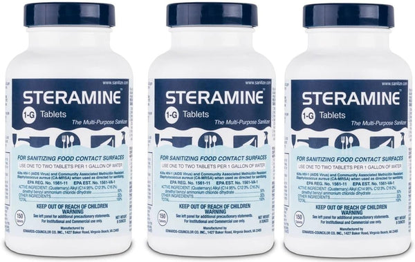 Steramine Quaternary Sanitizing Tablets, 150 Sanitizer Tablets per Bottle, 3 Bottles.