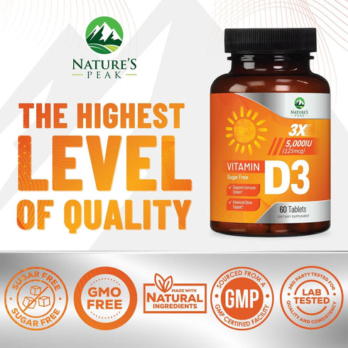 Vitamin D3 5000 IU (125 mcg), 60 Chewable Tablets, Sugar Free, Non-GMO, Gluten Free for Bone & Immune Support
