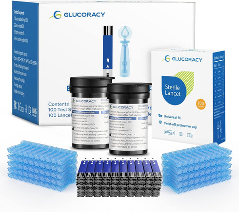 G-425-2 Blood Glucose Test Strips - 100 Counts for Diabetes + 100 Blood Lancets, for Glucoracy Meter