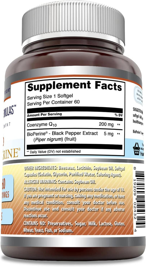 Amazing Formulas CoQ10 with Bioperine Supplement - 200 Mg Per Serving - 60 Softgels - Non-GMO, Gluten Free