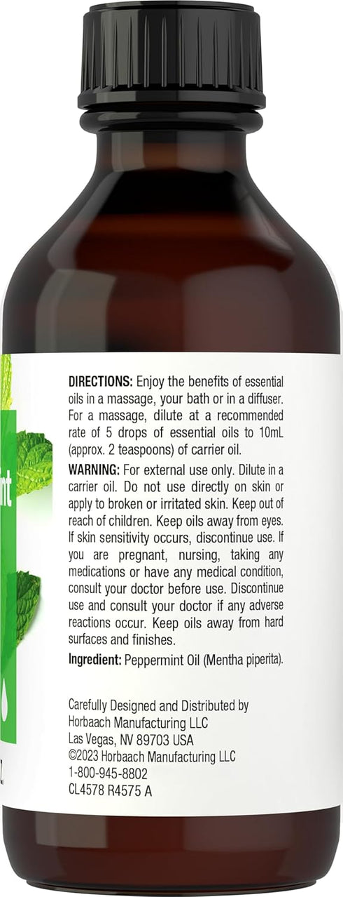 Horbaeach Peppermint Oil | 2 fl oz | Pure Essential Spray | for Massage, Bath & Diffusers | Non-GMO, Gluten Free