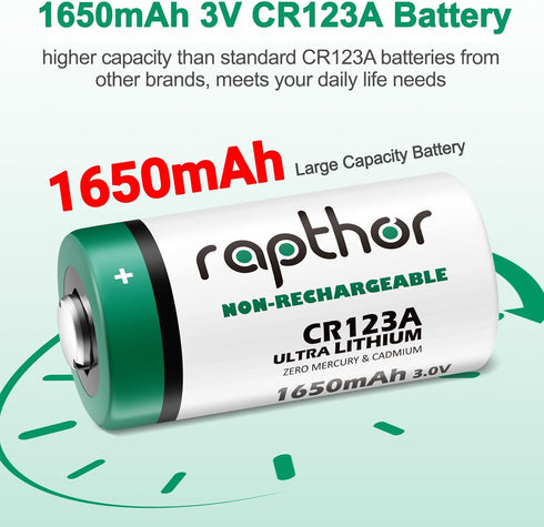 rapthor CR123A 3V CR17345 16 Pack 1650mAh 123A 10 CR123 123 Lithium Batteries High Power Year Shelf Life