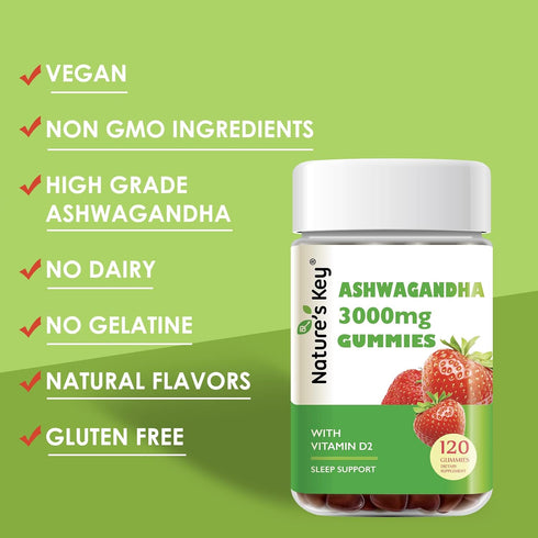 Nature's Key Ashwagandha Gummies, High Potency with Vitamin D2, for Men & Women, Stress & Calm Mood, 120 Count