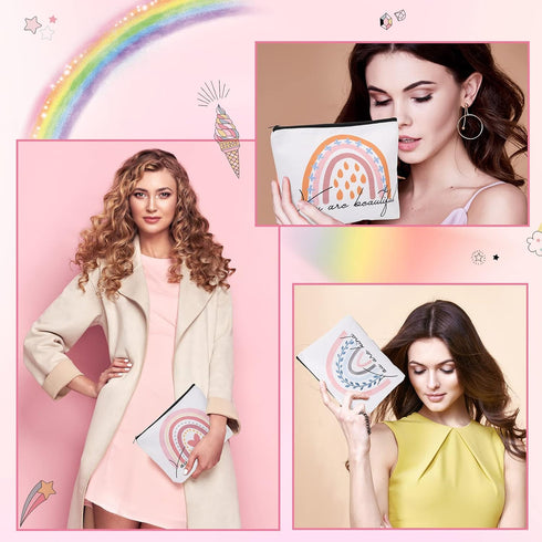 4 Pcs Rainbow Makeup Bag Set, Inspirational Gift Bags for Women Girls, You Are Loved Makeup Bag, Personalized Canvas