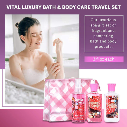 Vital Luxury Cotton Candy Bath & Body Travel Kit - 3 Fl Oz Skincare Gift Set, Includes Shower Gel, Lotion, Fragrance