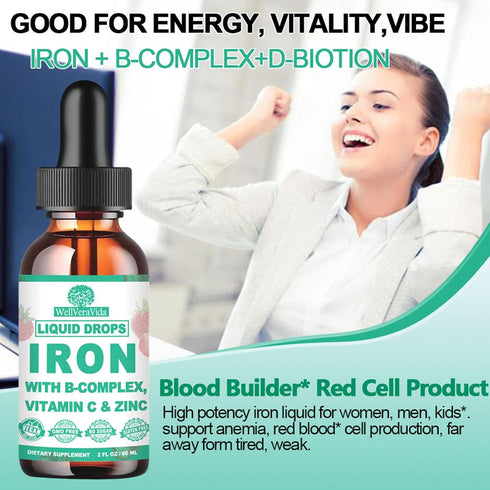 Liquid Iron Supplement w/Vitamin C, B-Complex, High Potency Iron Liquid w. Multivitamin, Vegan Iron Drops for Women