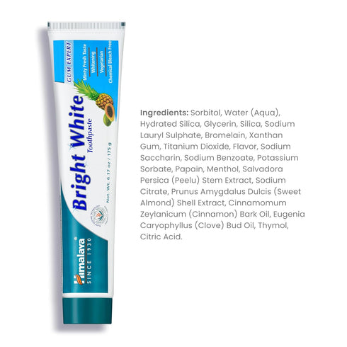 Himalaya Bright White Toothpaste, Fluoride Free, 6.17 oz, Reduces Plaque & Whitens Teeth
