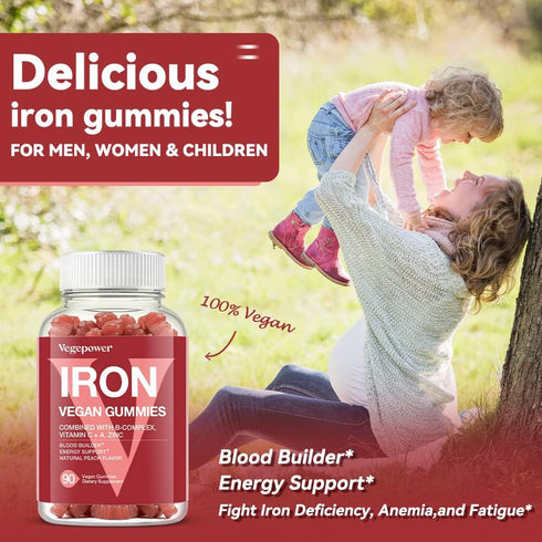 Vegan Iron Gummies Supplement with Vitamin C, A, B-Complex, Folate, Zinc for Adults & Kids - Peach Flavor (90 Ct)
