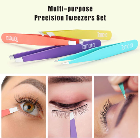 Tweezers for Eyebrows, 4-Piece Slant Tip and Pointed Set for Precision Hair Removal