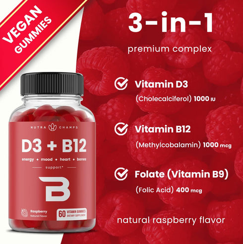 Vitamin D3 & B12 Methyl Gummies for Adults & Kids, Enhanced with Folate, Natural Energy & Focus, Raspberry, 120 Gummies