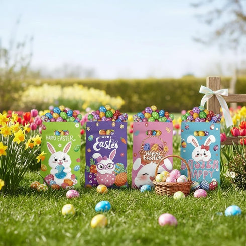 Lanfixilly 50 Easter Gift Bags with handles Colorful Pcs,Plastic Easters Eggs Bunny Goodie Candy Tote Favor Bag