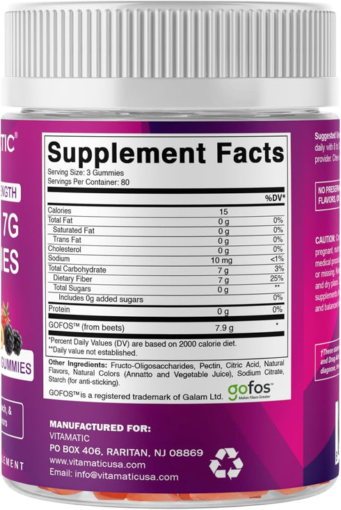 Gummies 7G 240 Gummies, Vitamatic Prebiotic Fiber for Adults, Extra Strength, Zero Sugar Added, Pectin Based Digestive