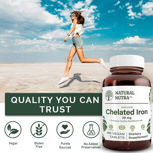 Natural Nutra Chelated Iron Supplement for Men & Women, 180 Tablets for Optimal Absorption, Hair & Skin Health