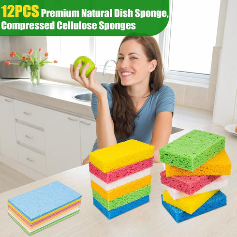 12PCS Premium Kitchen Sponges, Non-Scratch Scrub Sponges for Washing Dishes, Multipurpose Cellulose Cleaning Sponges