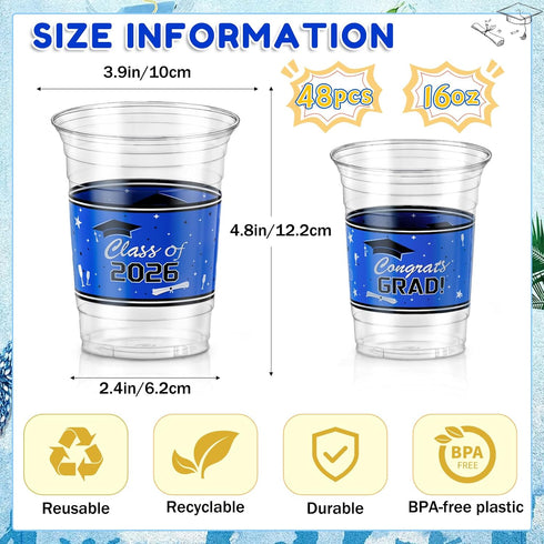 KaTiSeMo 2026 48 Pack 16 oz 2026 Graduation Cups - Class of Plastic Cups, Blue and White Graduation Party Cups, Rigid