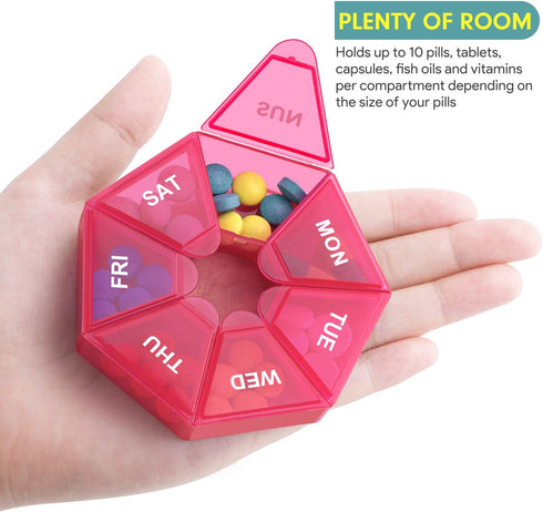 Weekly Pill Organizer 2 Pack, Portable Pill Box Medicine Case, 6 Colors, New Edition for Vitamins, Arthritis Friendly