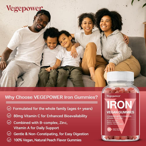 Vegan Iron Gummies Supplement with Vitamin C, A, B-Complex, Folate, Zinc for Adults & Kids - Peach Flavor (90 Ct)