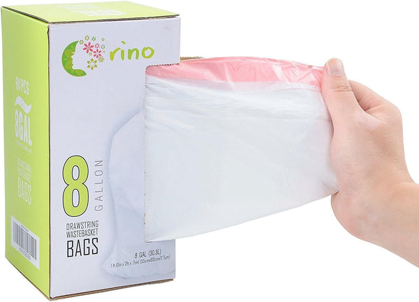 Ultra Strong 8 Gallon Garbage Bags, Unscented White Drawstring Trash Can Liners, 60 Count