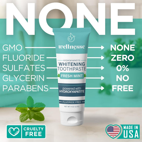 Wellnesse Whitening Hydroxyapatite Toothpaste with Xylitol, Natural Fluoride-Free, 4 oz (Pack of 1), Fresh Mint Flavor