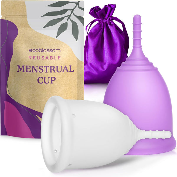EcoBlossom Reusable Menstrual Cup Set, Medical Grade Silicone Period Cups, Comfortably Use for 12 Hours (2 Regular Cups)
