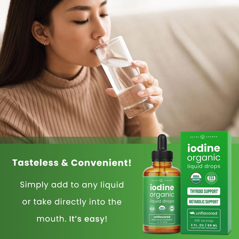 Organic Iodine Liquid Drops - 250 mcg Iodine Supplement for Women & Men - Potassium Iodide Solution 590 Servings