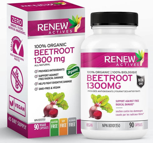 Renew Actives Organic Beetroot Supplement - 1300mg Extract for High Antioxidant Levels, 90 Veggie Capsules