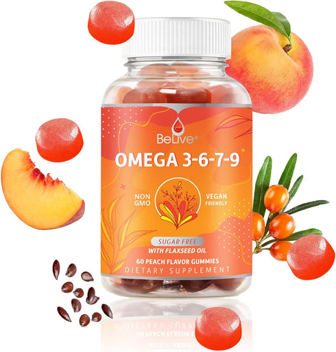 Organic Omega 3 Gummies with Omegas 6, 7, 9, DHA & EPA from Flaxseed Oil, Sugar-Free, Supports Brain & Heart (60 CT)