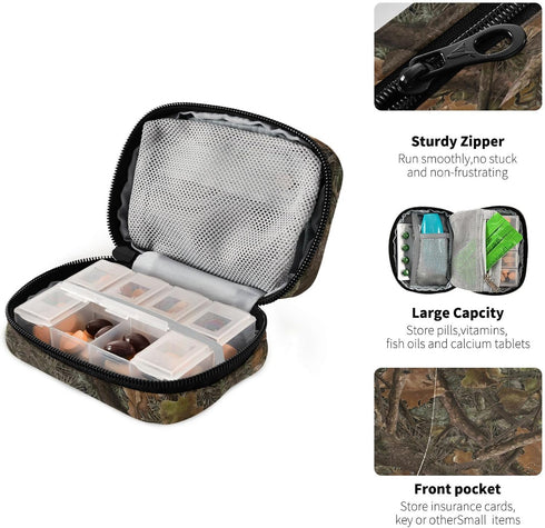 Ollabaky 7 Vintage Camo Pill Case, Weekly Portable Pill Bag Container Days Pill Box Organizer Vitamin Supplement Holder