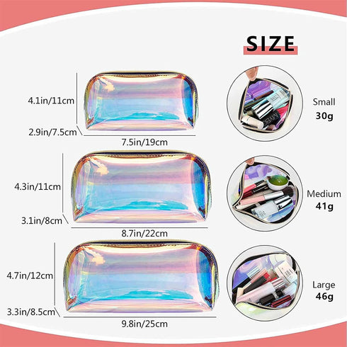 Holographic Makeup Bag, Iridescent Cosmetic Pouch, Clear Waterproof Portable Travel Toiletry Organizer Bag for Women
