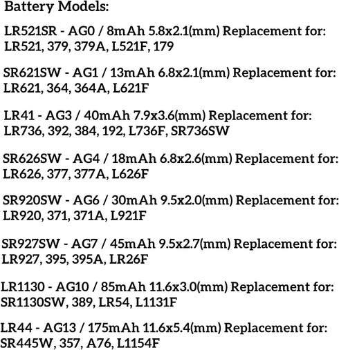 Watch Batteries 80PCS - AG0, AG1, AG3, AG4, AG6, AG7, AG10, AG13, 1.5V Alkaline LR41 LR44 Assorted