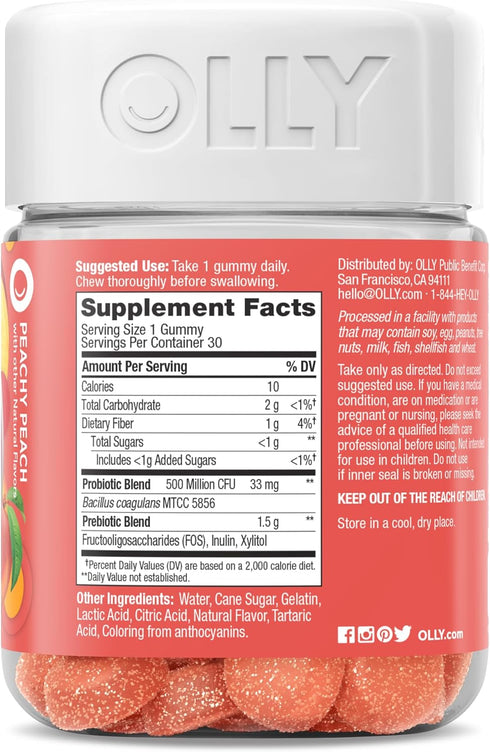 Gummy, 500 30 30 Count OLLY Probiotic + Prebiotic Million CFUs, FOS, Adult Chewable Supplement for Men and Women, Peach