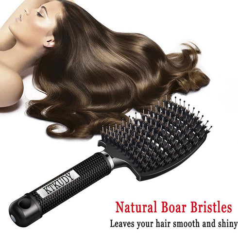 KTKUDY Detangling Hair Brush - Boar Bristle & Tangle-Free Design for Kids, Women, Men (Black)